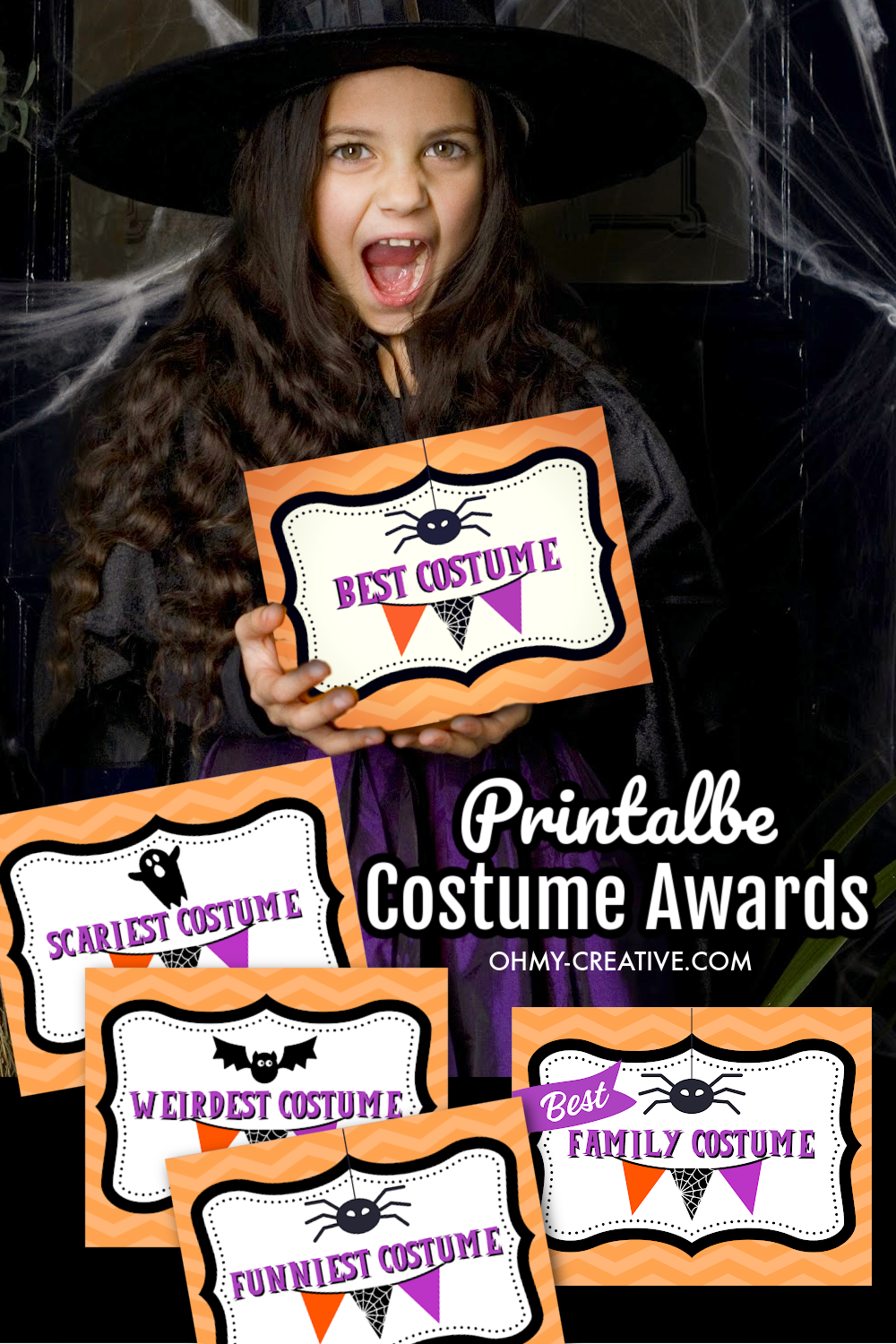 A girl dressed in a witch costume holding a Best Costume award!
