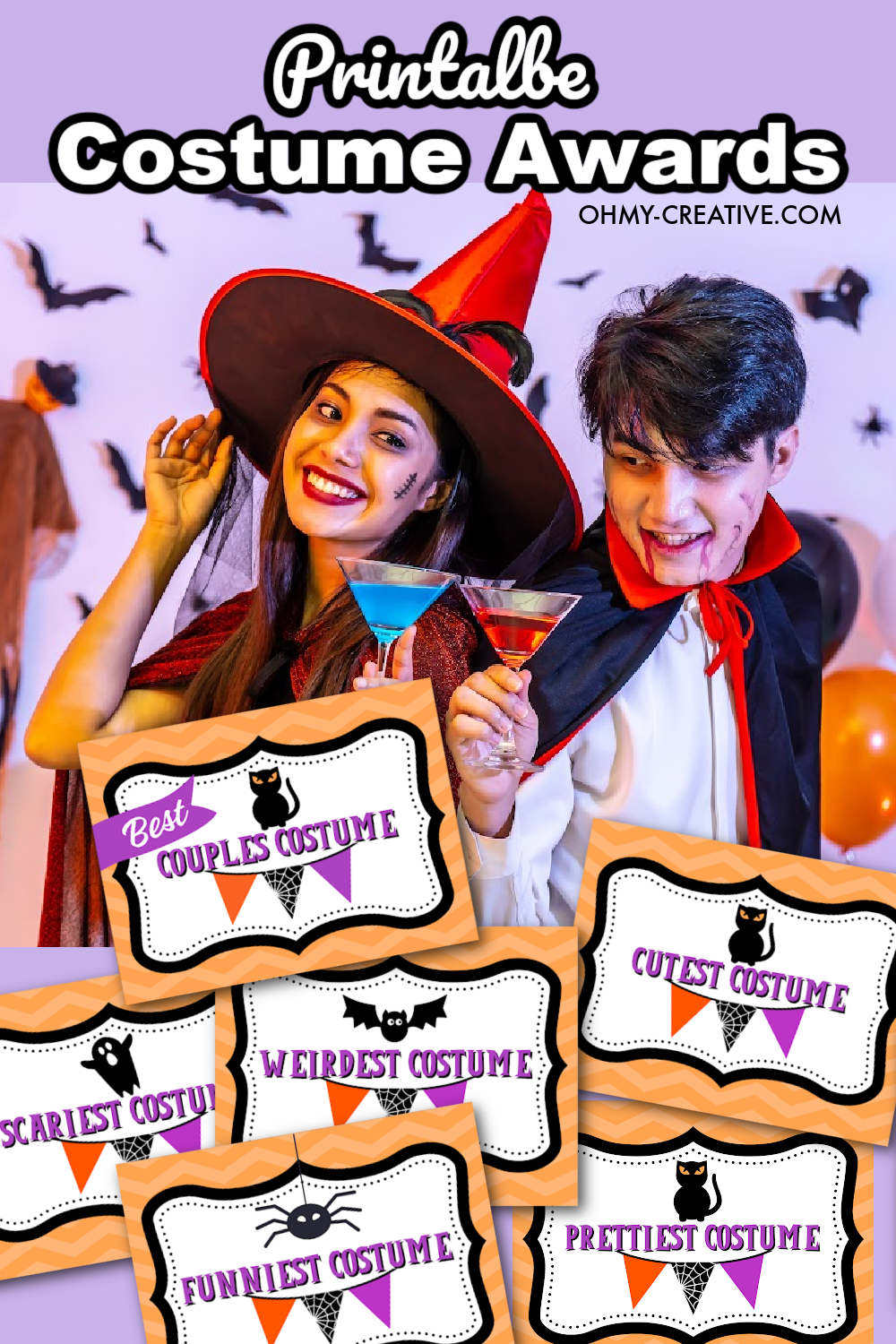 A man dressed as a vampire and a women dressed in a witch Halloween costumes. At the bottom of the photo is a collage of printable Halloween costume awards.