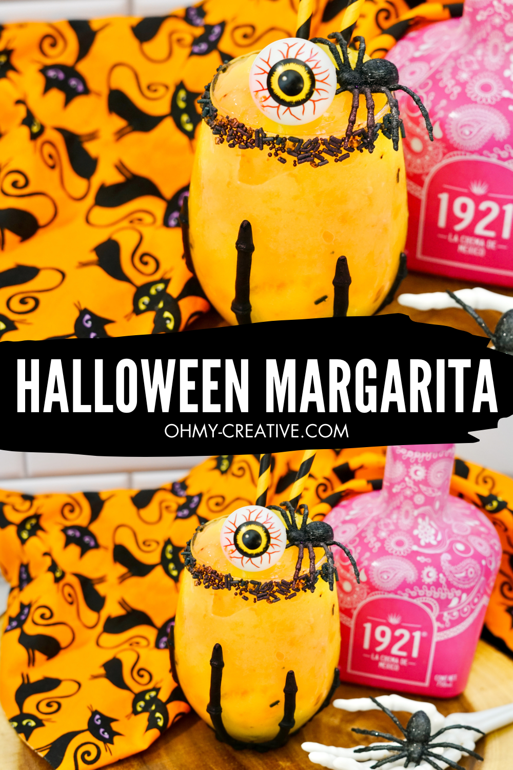 Double image Orange mango margarita with black sprinkles rimming the glass. This Halloween margarita is garnished with a spooky eyeball and a black spider!