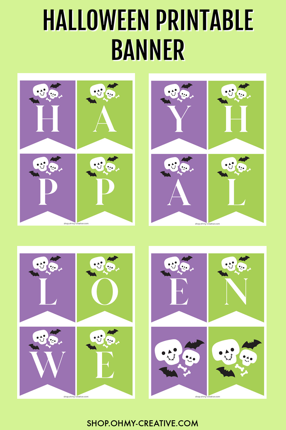 Halloween printable panner pages in green and purple with cute skulls and bats.