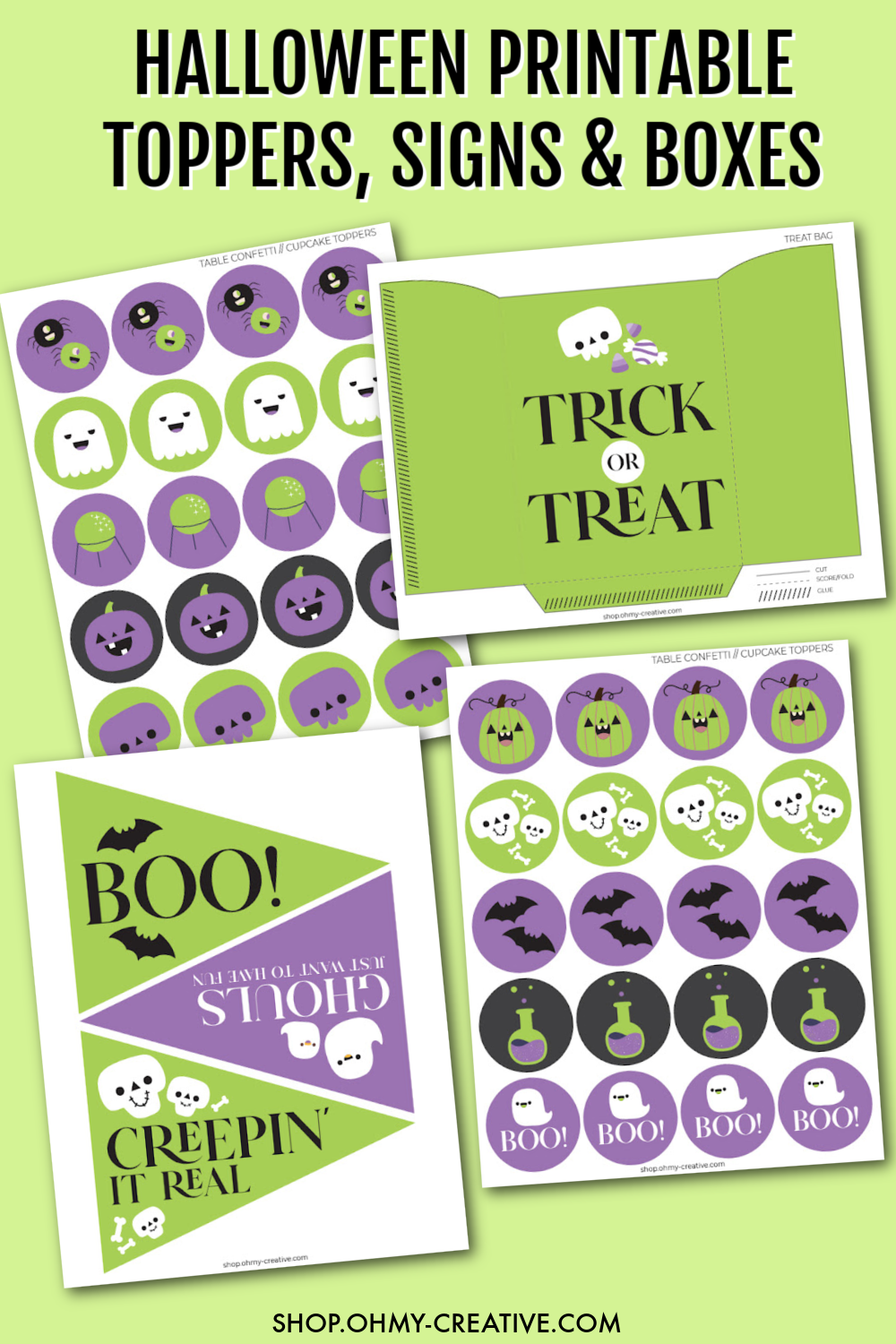 Halloween printable decoration pages, signs and treat toppers in green and purple with cute skulls, bats, beakers, ghosts and pumpkins.