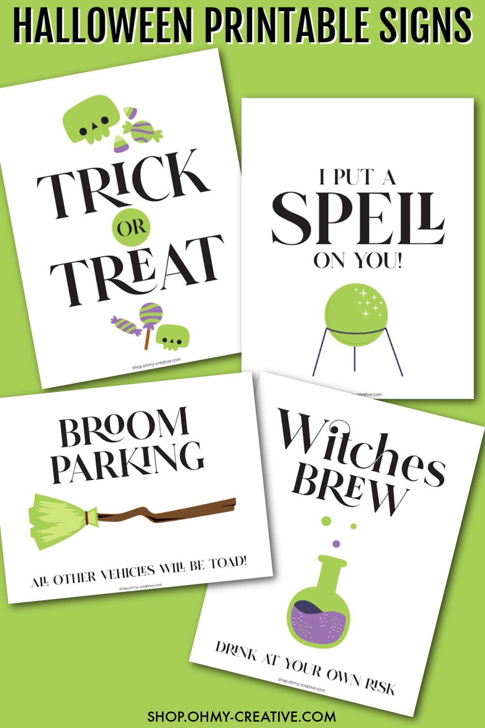 Halloween printable signs in green and purple with cute skulls, science beakers and witches broom!