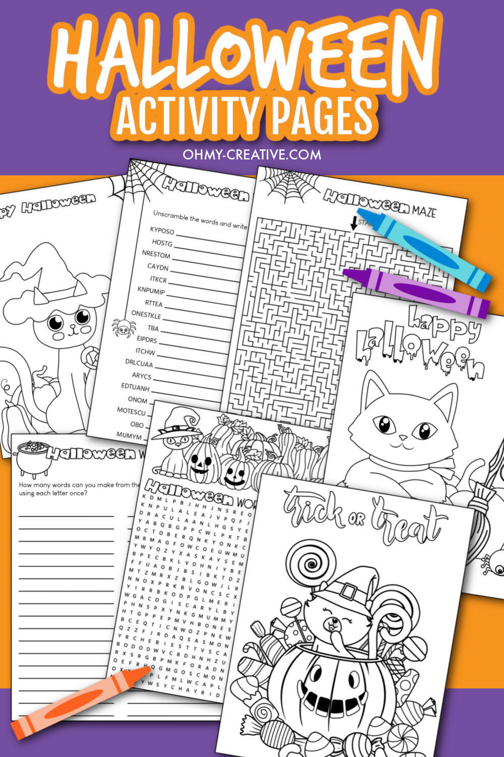 A pinterest collage of Halloween coloring pictures and worksheets for kids