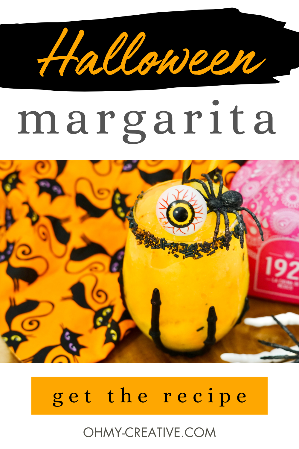 Pin image Orange mango margarita with black sprinkles rimming the glass. This Halloween margarita is garnished with a spooky eyeball and a black spider!