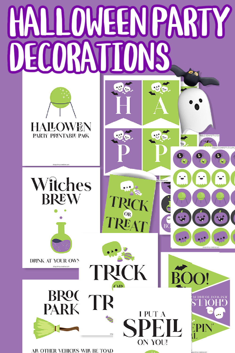 Pinterest image for Halloween printable decoration pages, banner, signs and treat toppers in green and purple with cute skulls, bats, beakers, ghosts and pumpkins.
