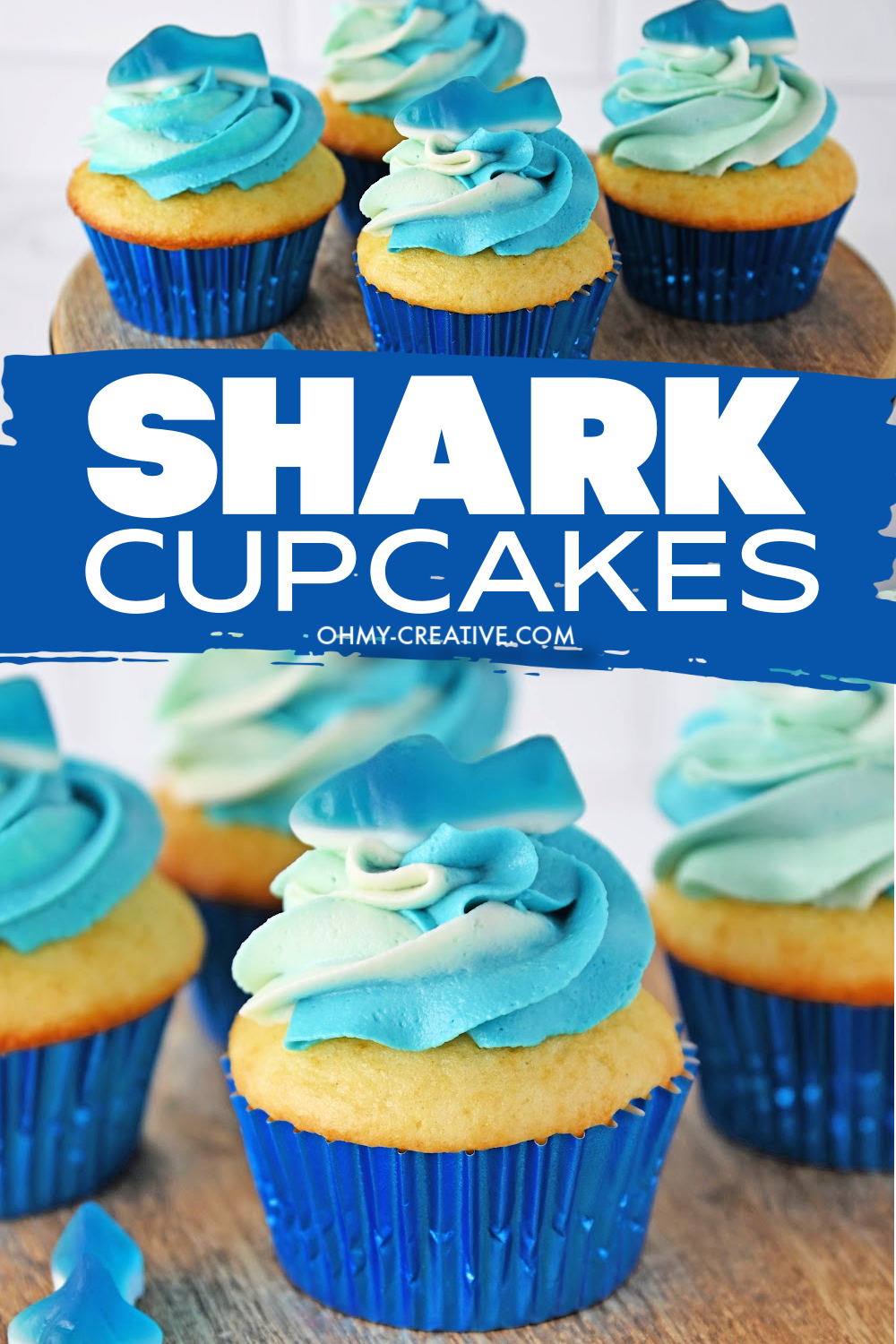 Double image Pinterest image of shark cupcakes using blue ombre icing and a gummy shark on top.