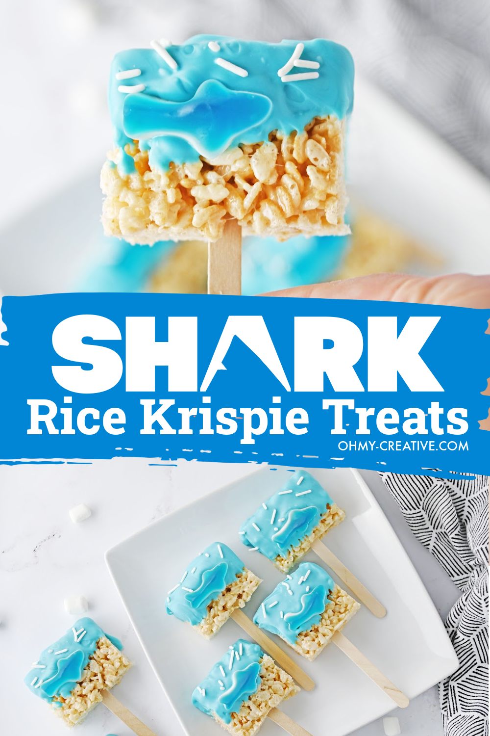 Pinterest image of shark Rice Krispie treat pops on a white plate.