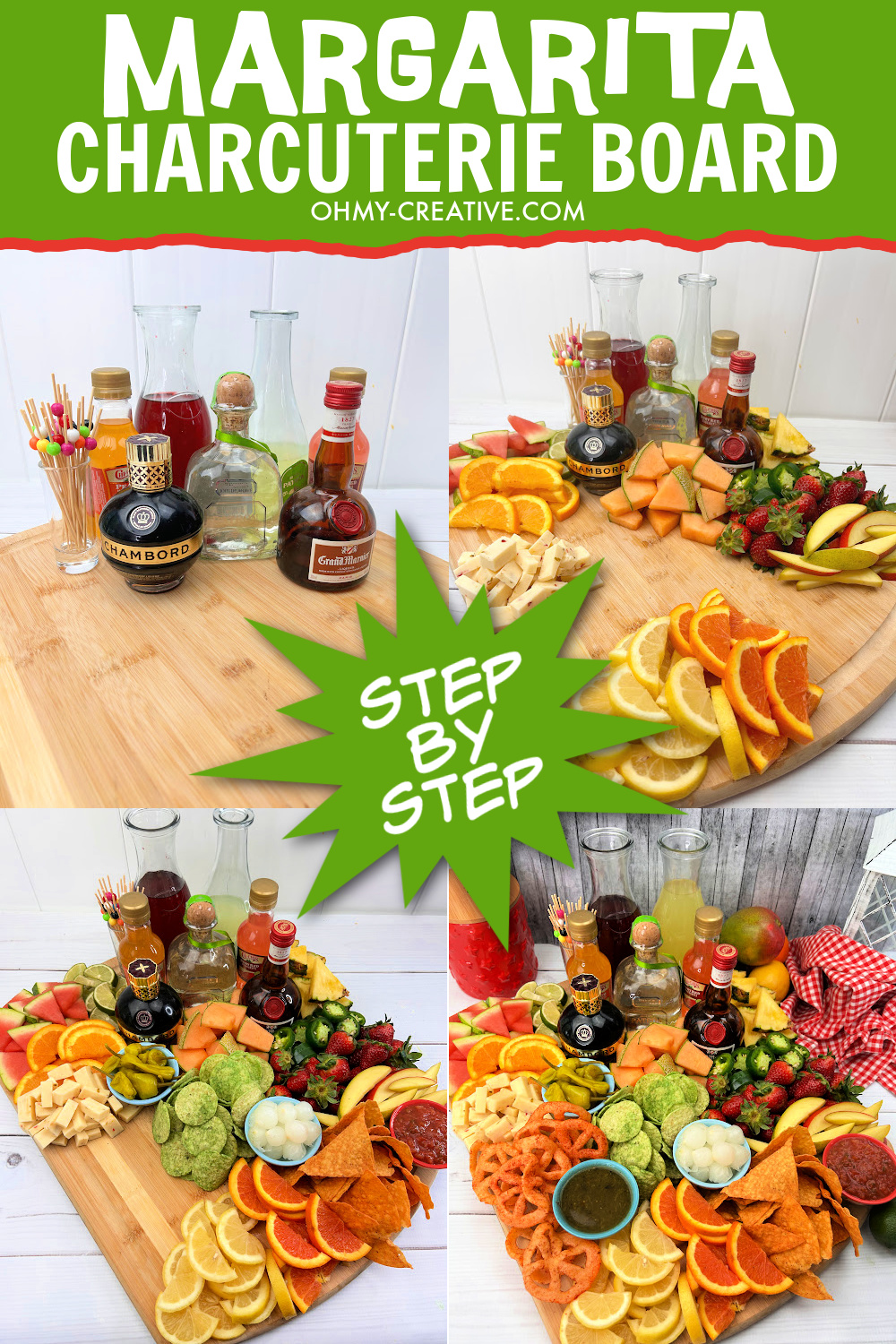 Step by step photo collage on how to make A margarita charcuterie board. A variety alcohol and mixers is displayed on one corner of the board. An assortment of zesty chips, peppers and fruits fill the rest of this unique charcuterie platter.