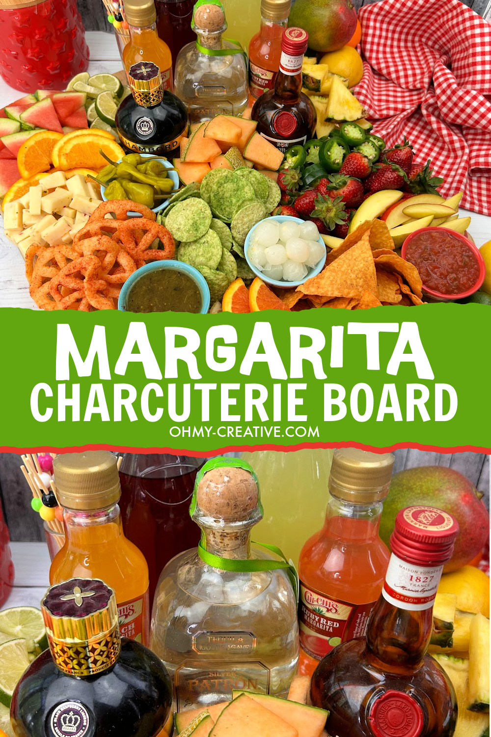 A double pinterest image for A margarita charcuterie board. A variety alcohol and mixers is displayed on one corner of the board. An assortment of zesty chips, peppers and fruits fill the rest of this unique charcuterie platter.