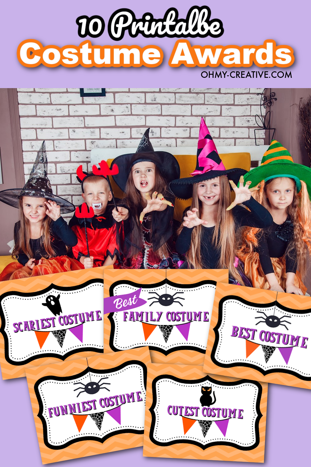 A group of kids dressed in Halloween costumes with Printable Halloween costume awards.