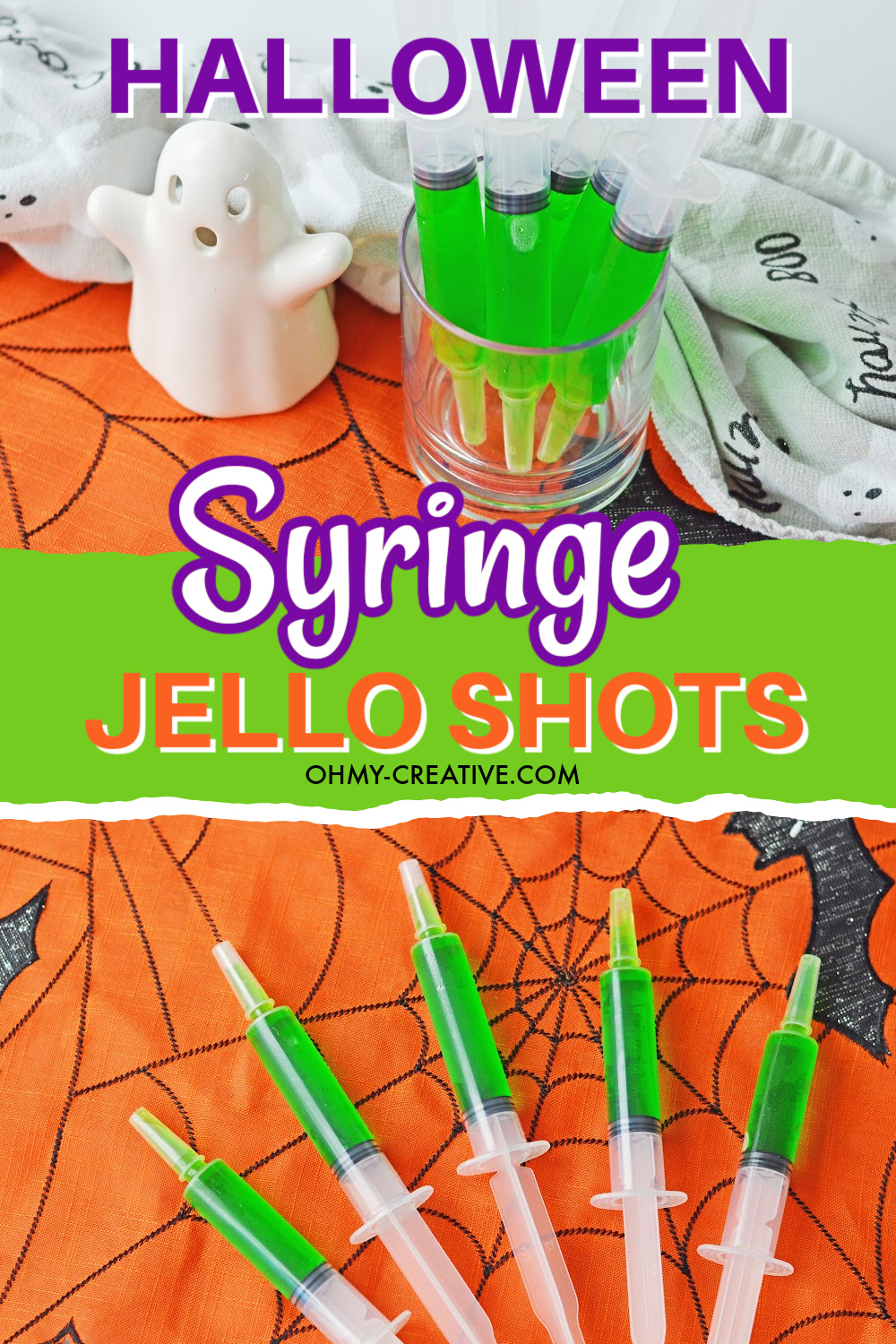 Green syringe jello shots laying on an orange spiderweb placemat. In a second image a glass container is holding the green syringe jello shots