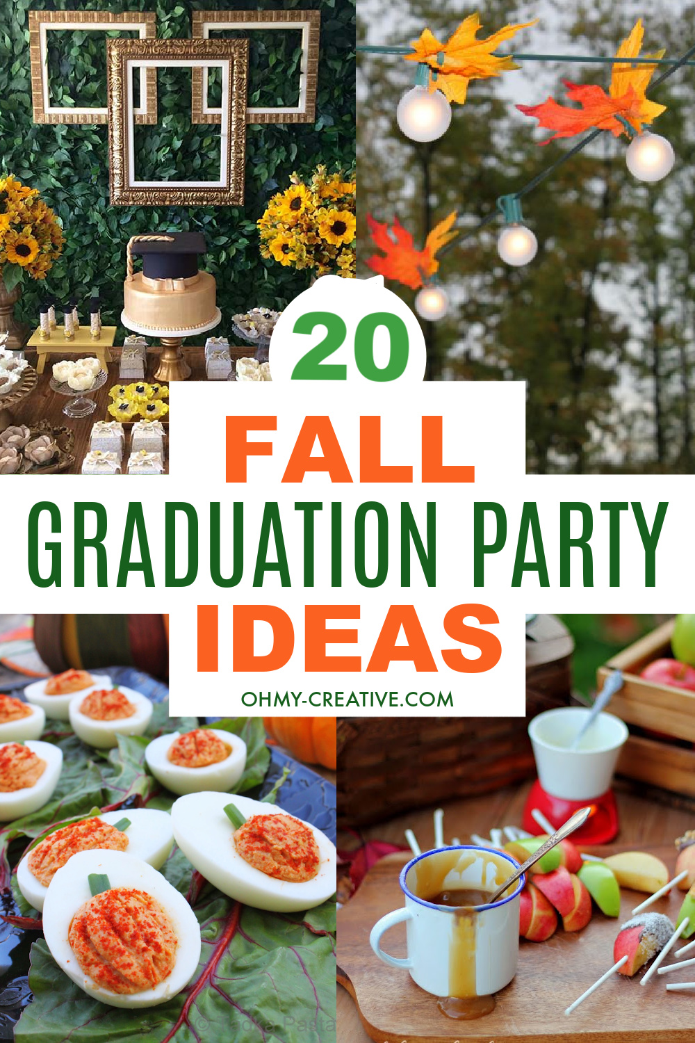 A collage of fall graduation party ideas, fall decorations and fall foods for a party