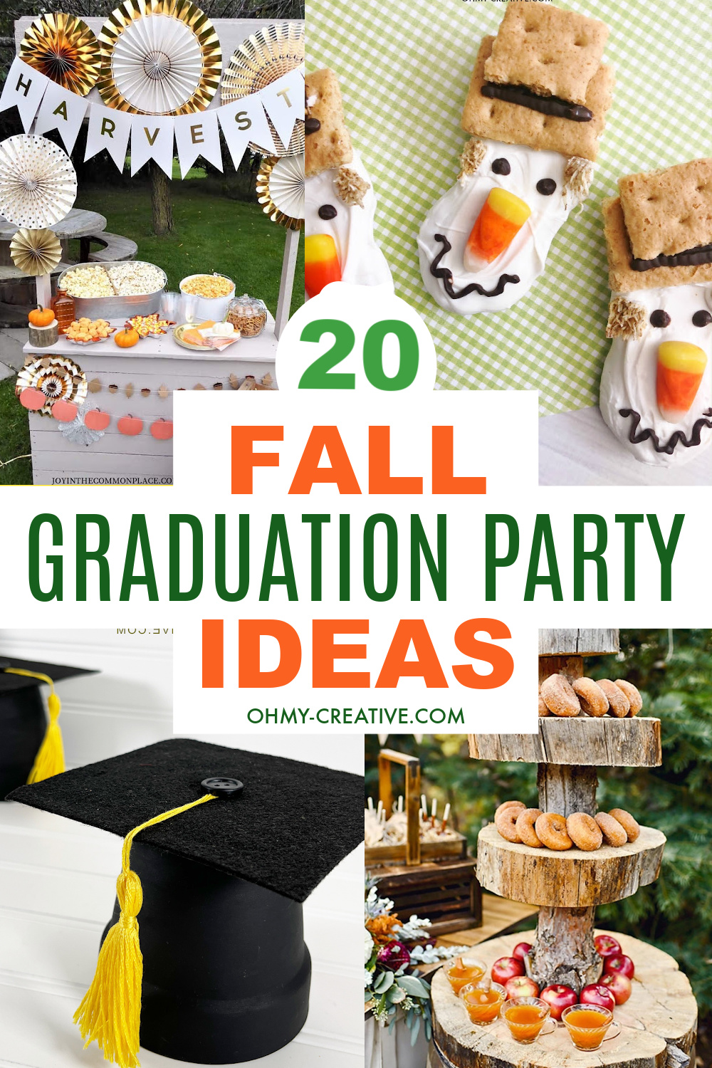 A collage of fall grad party ideas, fall decorations and fall foods for a party