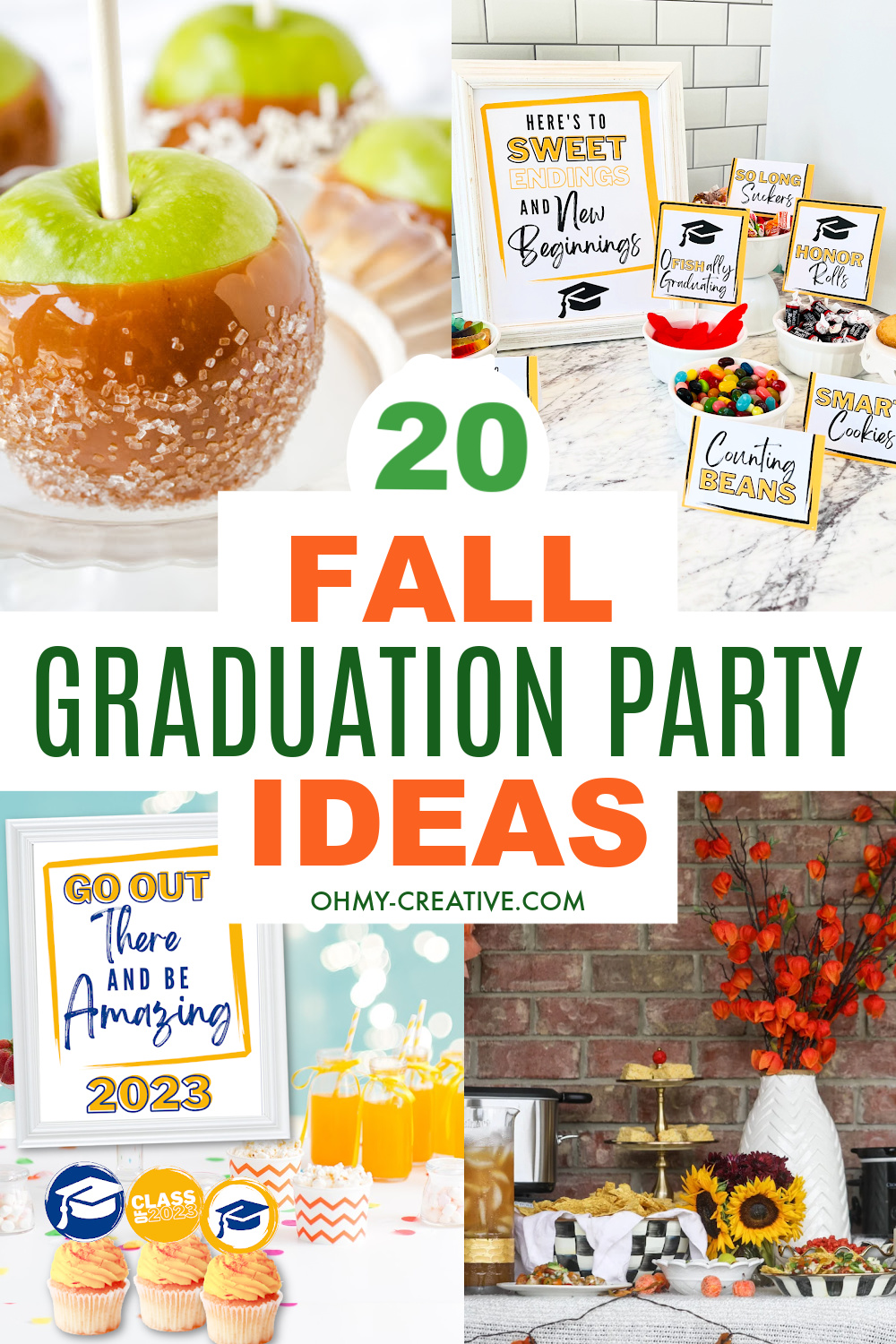 A collage of fall graduation party ideas, fall decorations and fall foods for a party