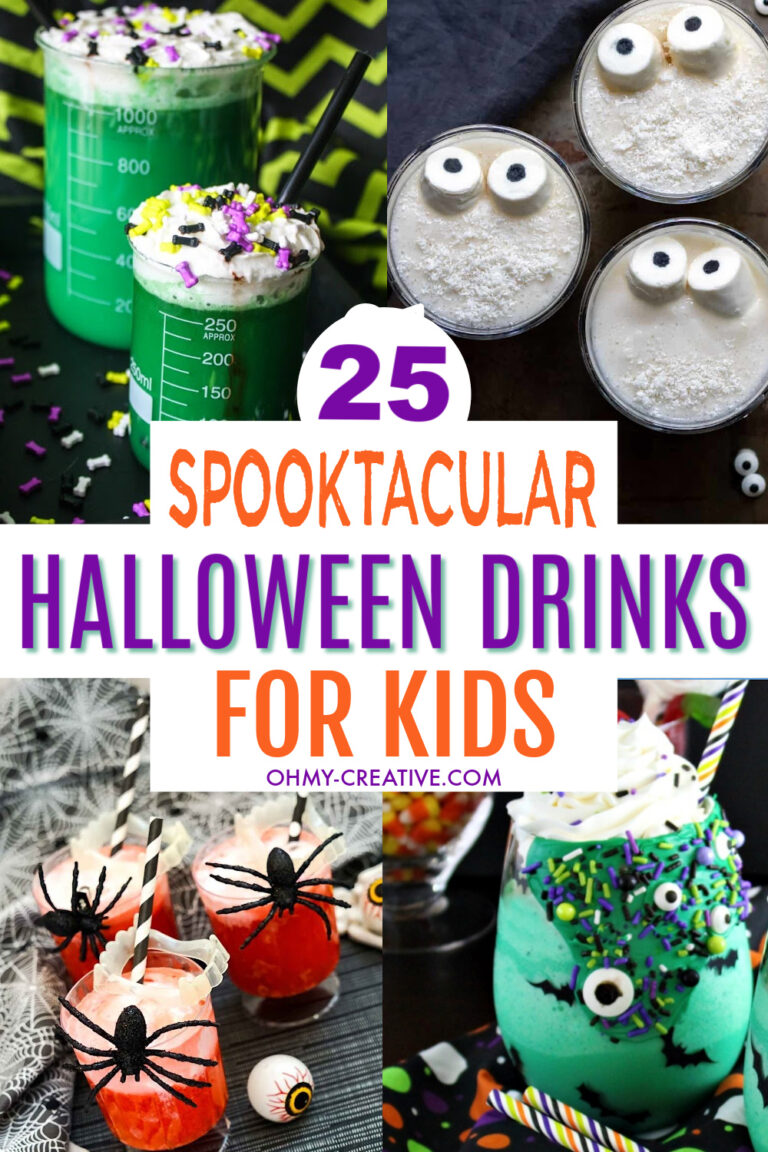 A collage of kids Halloween drinks including witch's brew and creepy green drinks.