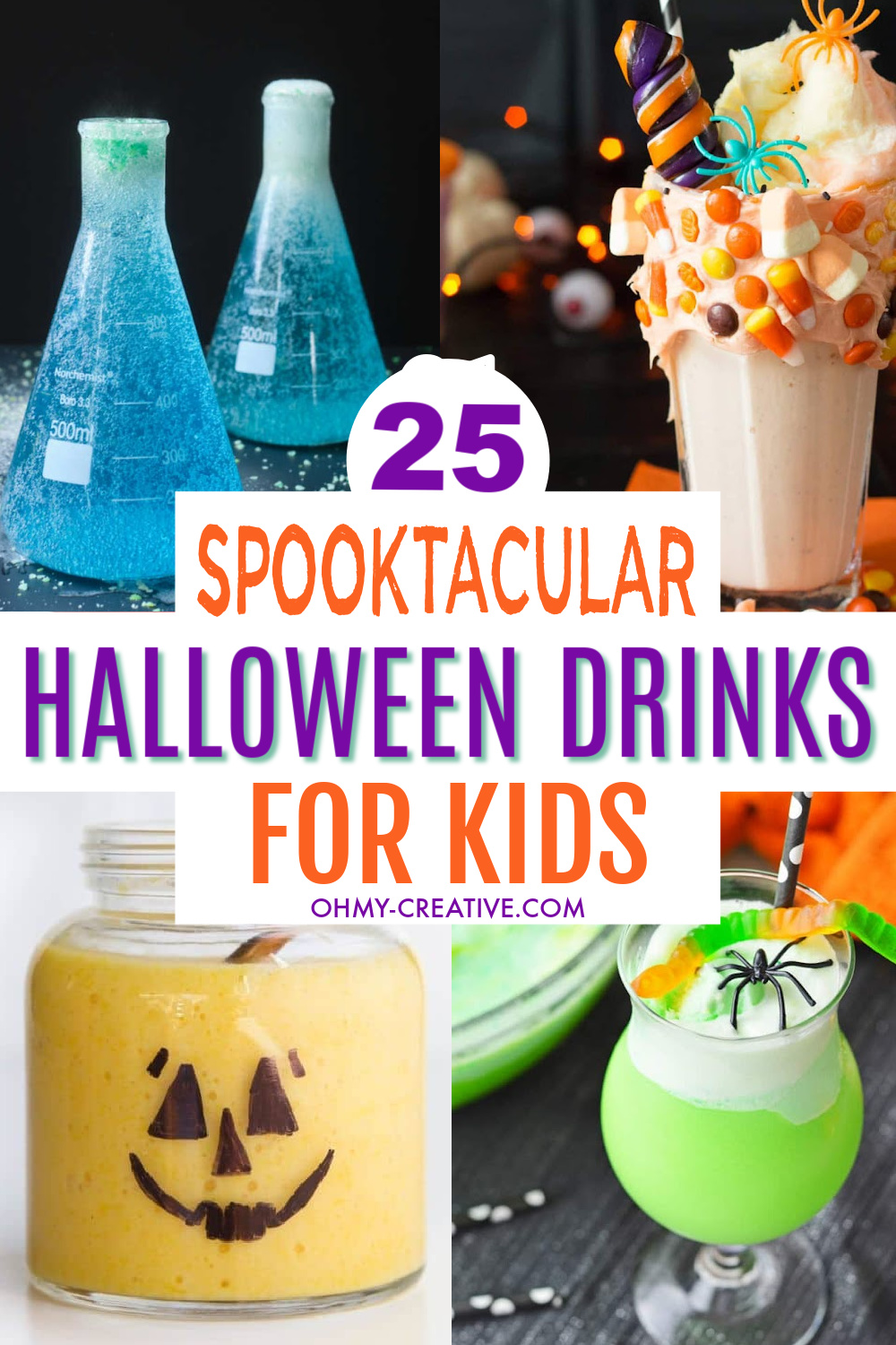 A collage of kids Halloween drinks including witch's brew, pumpkin drinks and creepy green drinks.