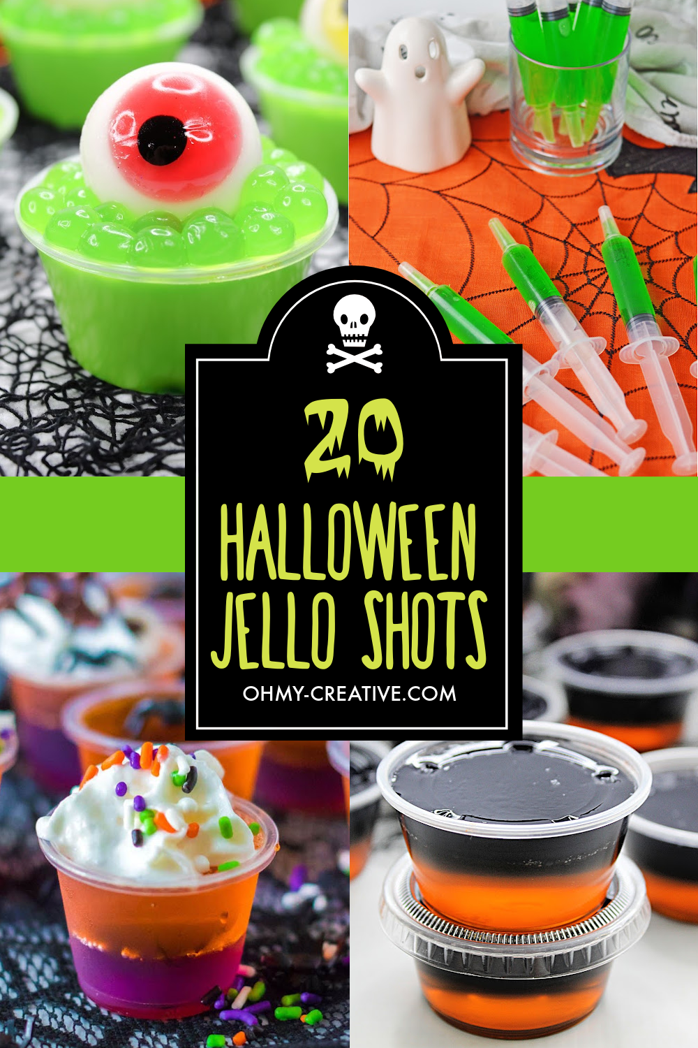A collage of creative Halloween eyeball jello shots and syringe jello shots.