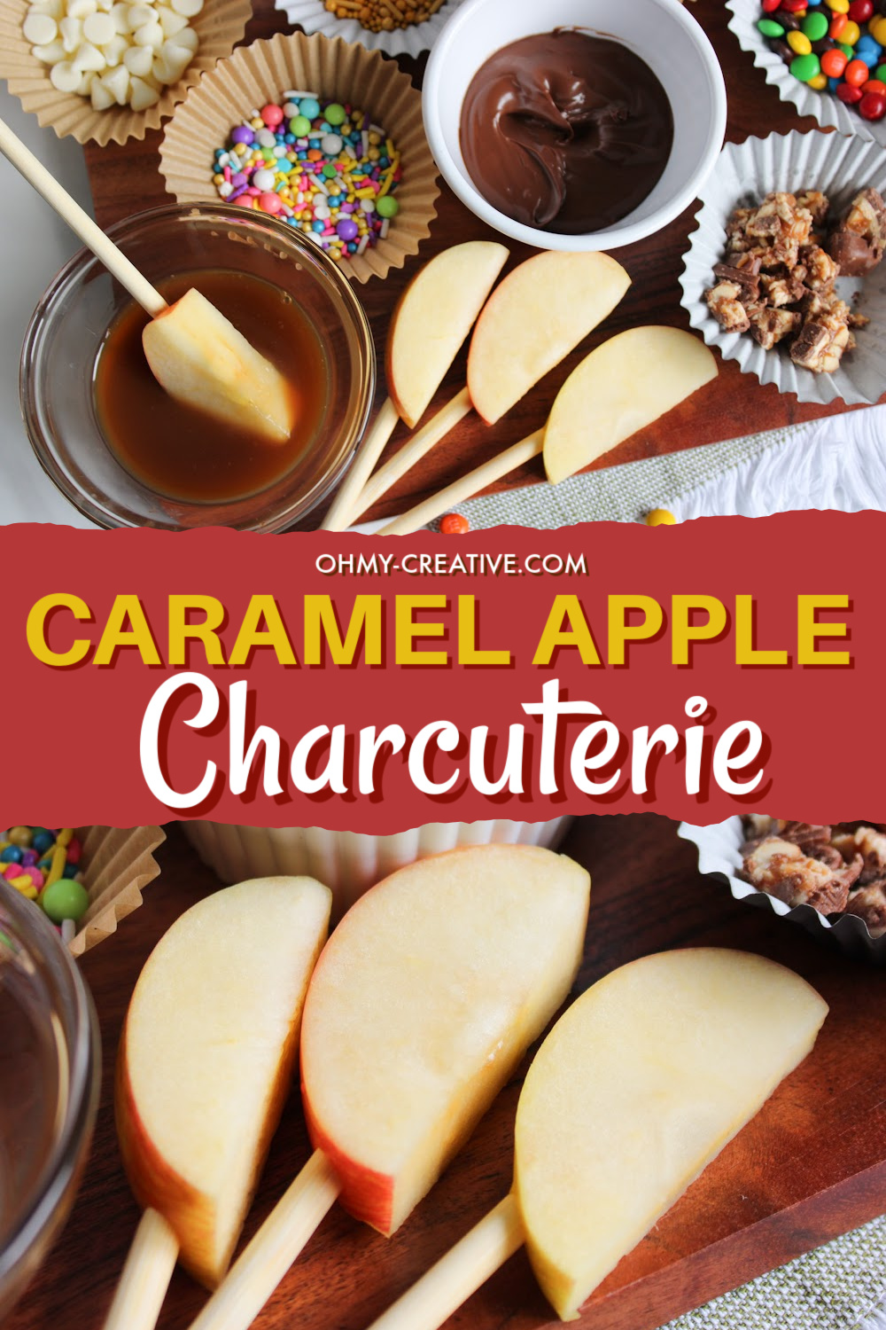 Caramel apple charcuterie board with dips and toppings