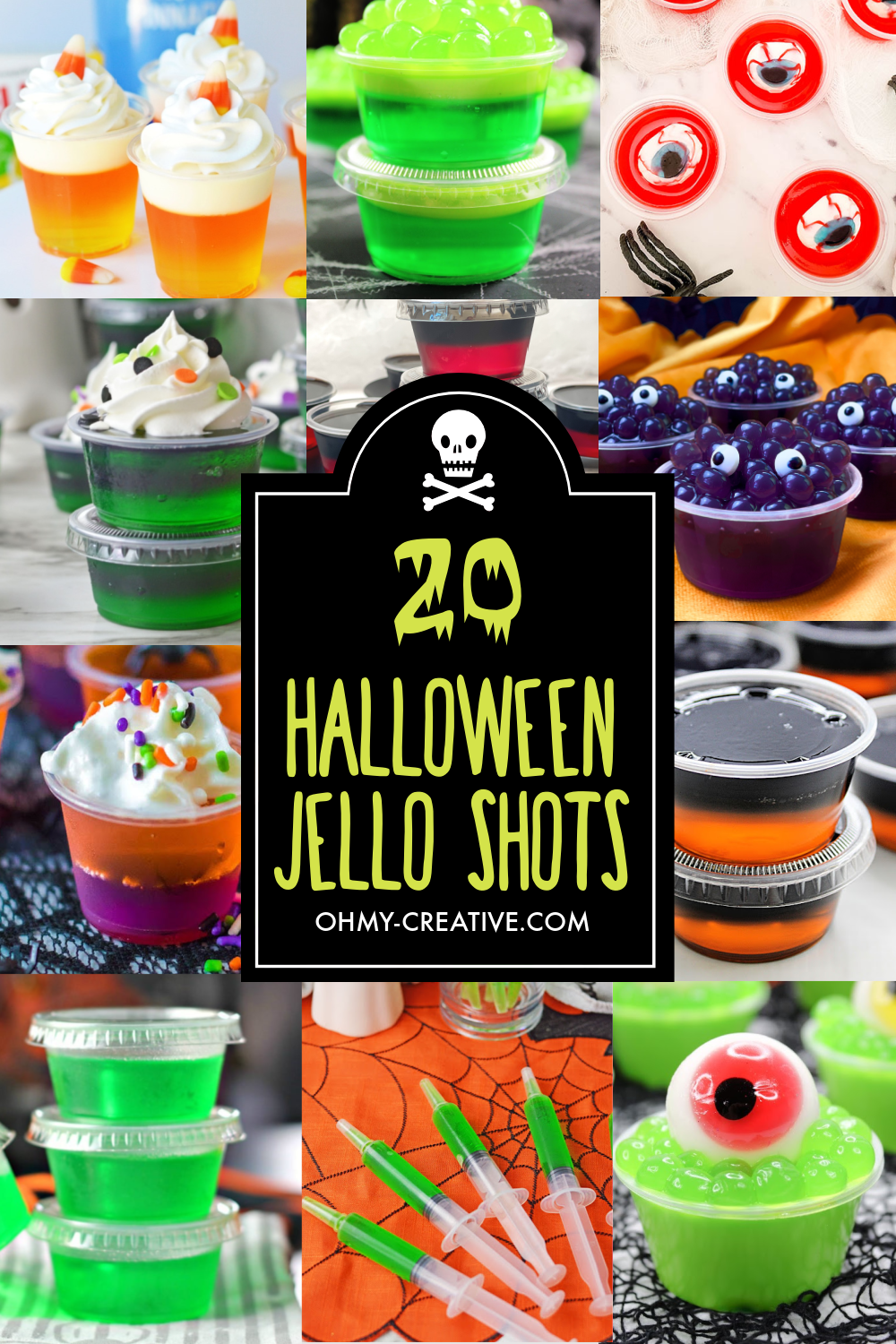 A collage of 20 Halloween jello shot party ideas.
