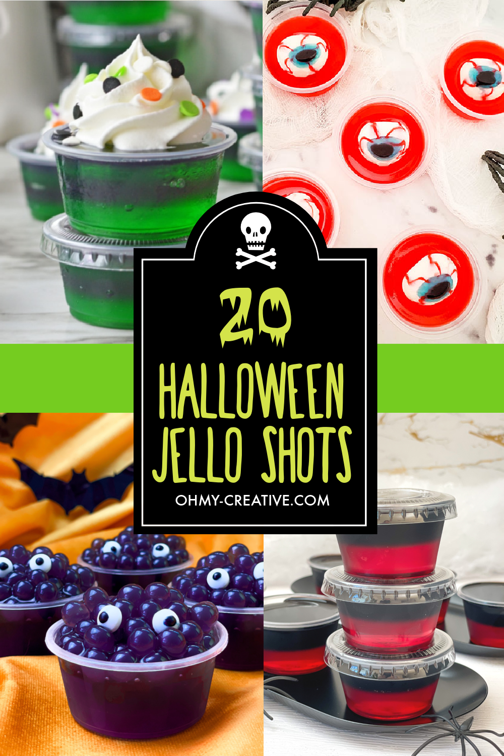 A collage of Halloween layered jello shots and eyeball jello shots.