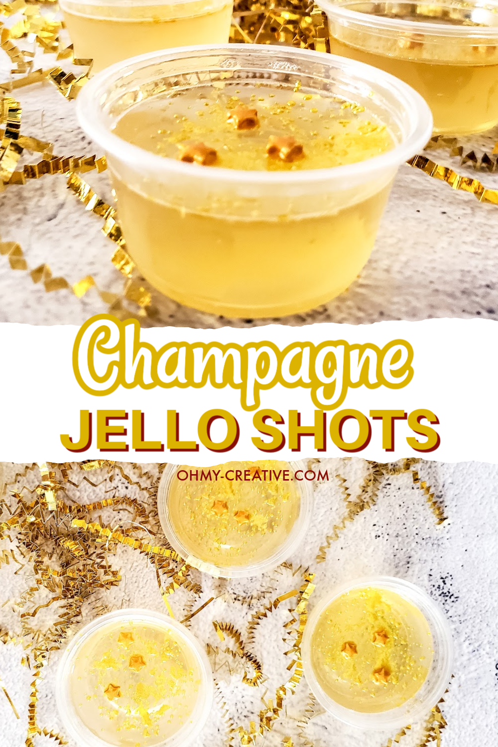 Champagne Jello Shots with glitter and star sprinkles
