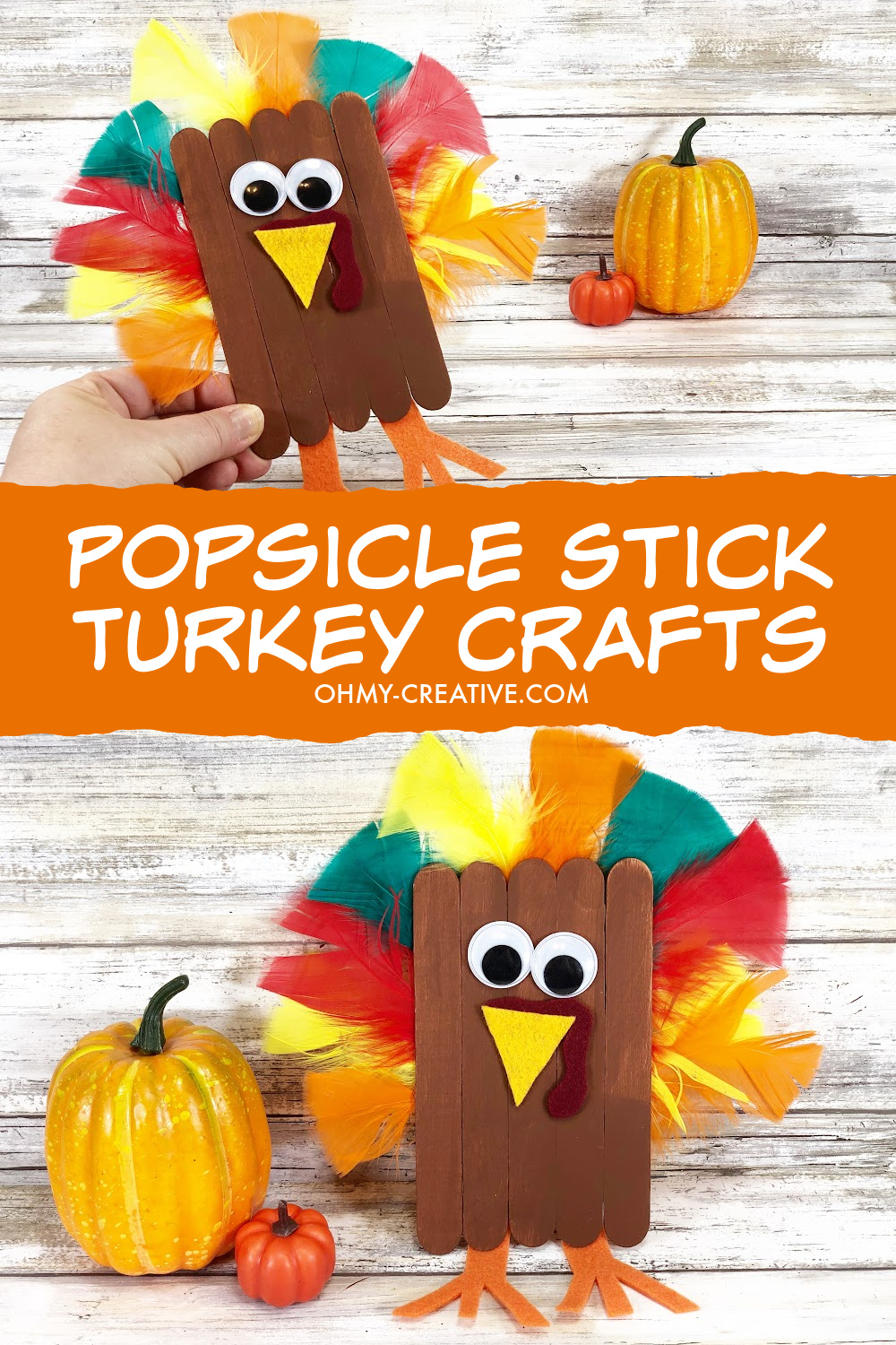 pin image that reads Popsicle Stick Turkey Crafts 