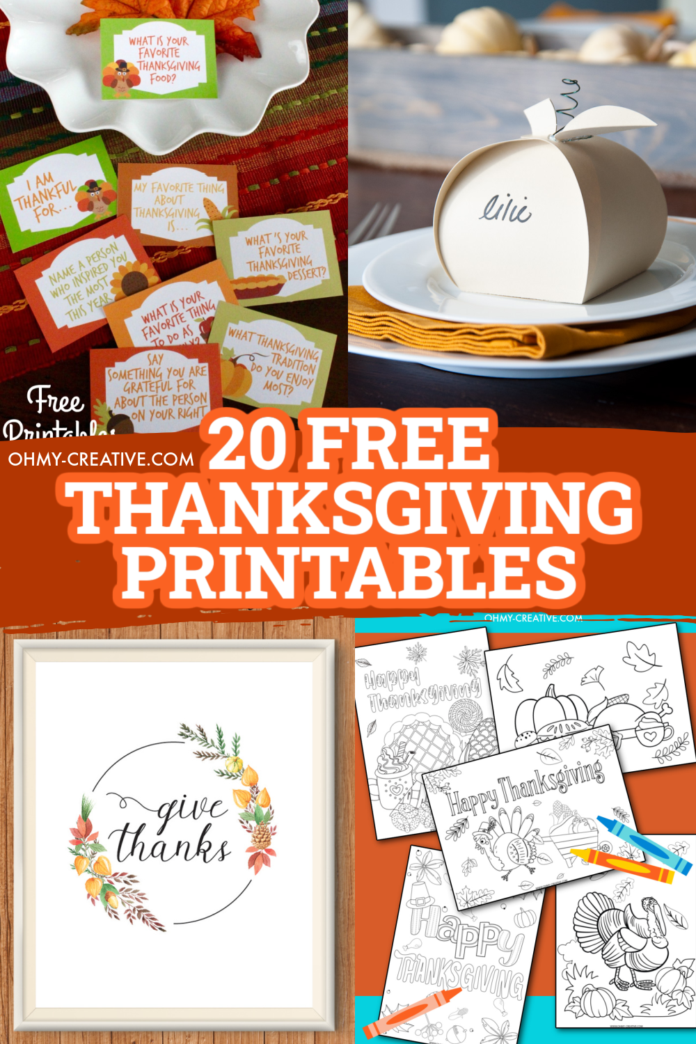 A collage of free Thanksgiving printables including conversation cards, decorations and Thanksgiving coloring pages.