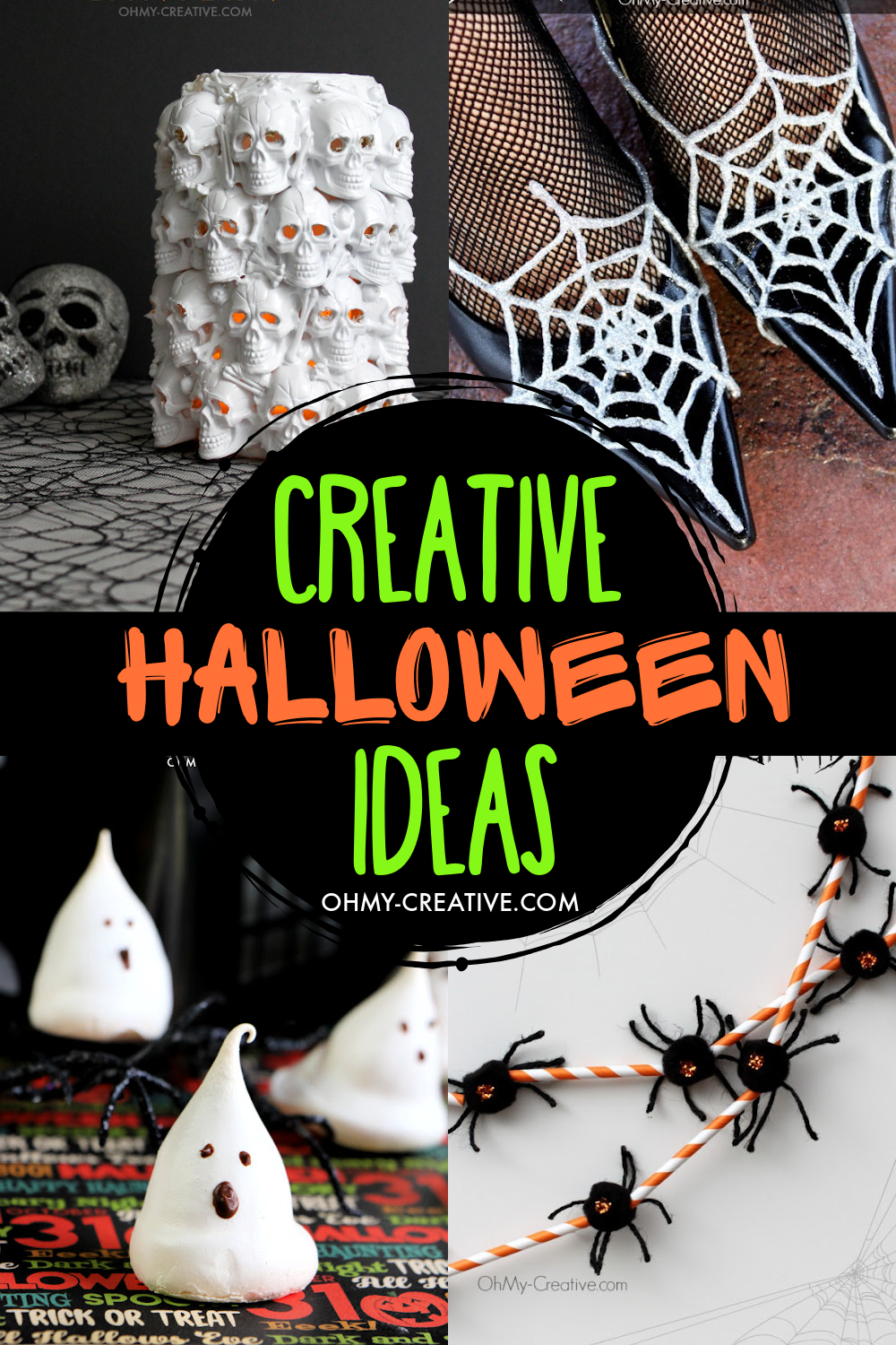 A pinterest collage of creative Halloween ideas including Halloween crafts, recipes, drinks and party ideas.