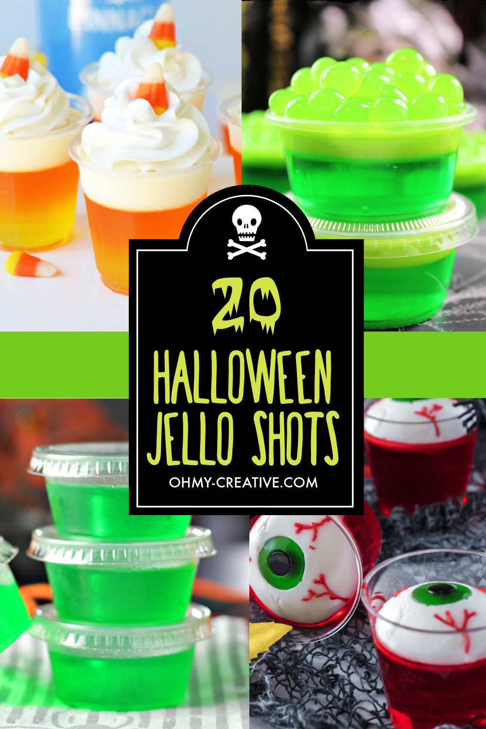 A collage of green Halloween jello shots.