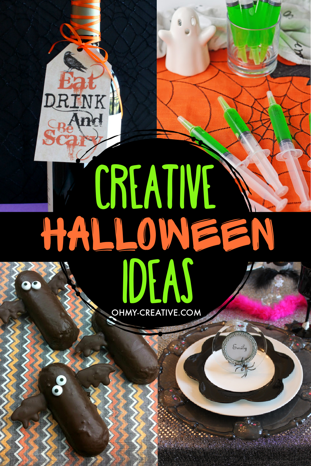 A pinterest collage of creative Halloween ideas including Halloween crafts, recipes, drinks and party ideas.