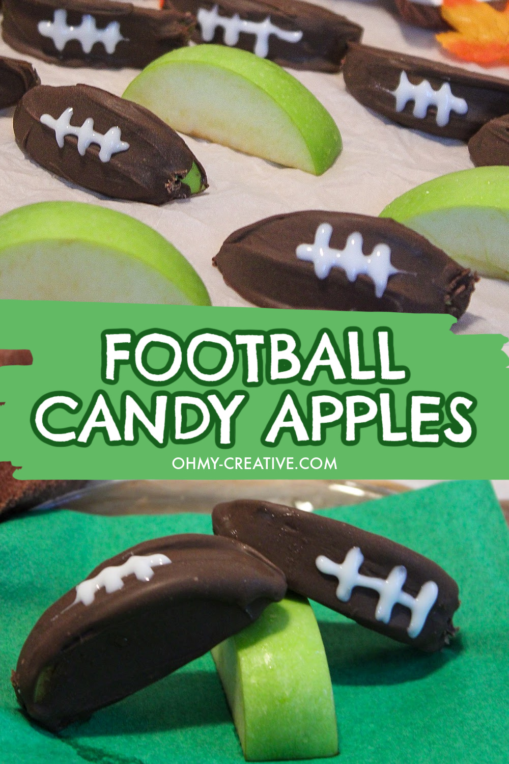 A double pin image showing green sliced apples and chocolate covered apples decorated to look like footballs.