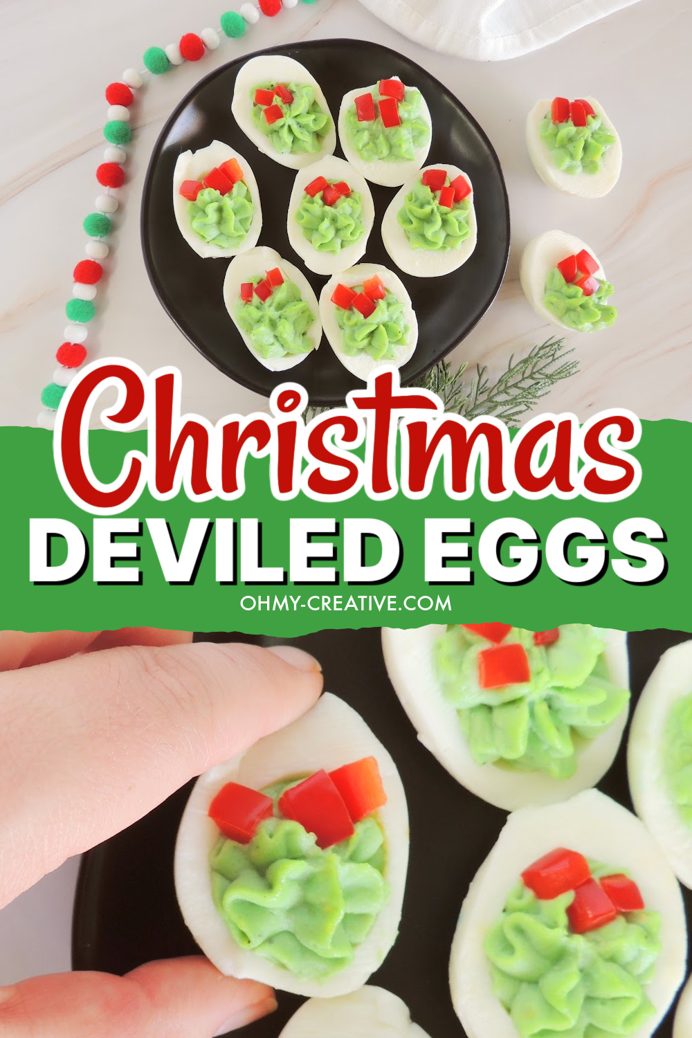 Double image Pinterest image of Christmas deviled eggs that look like a Christmas wreath. One photo is a closeup and one is a platter of Christmas deviled eggs.