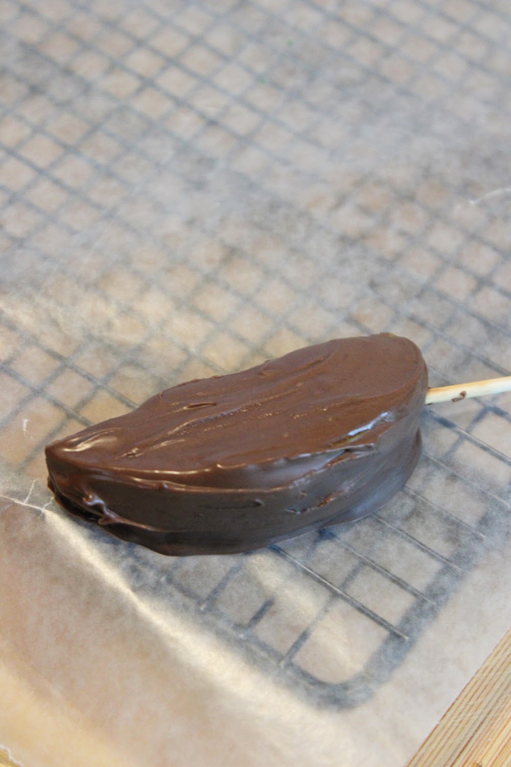 place a skewer in the chocolate dipped apple slice.