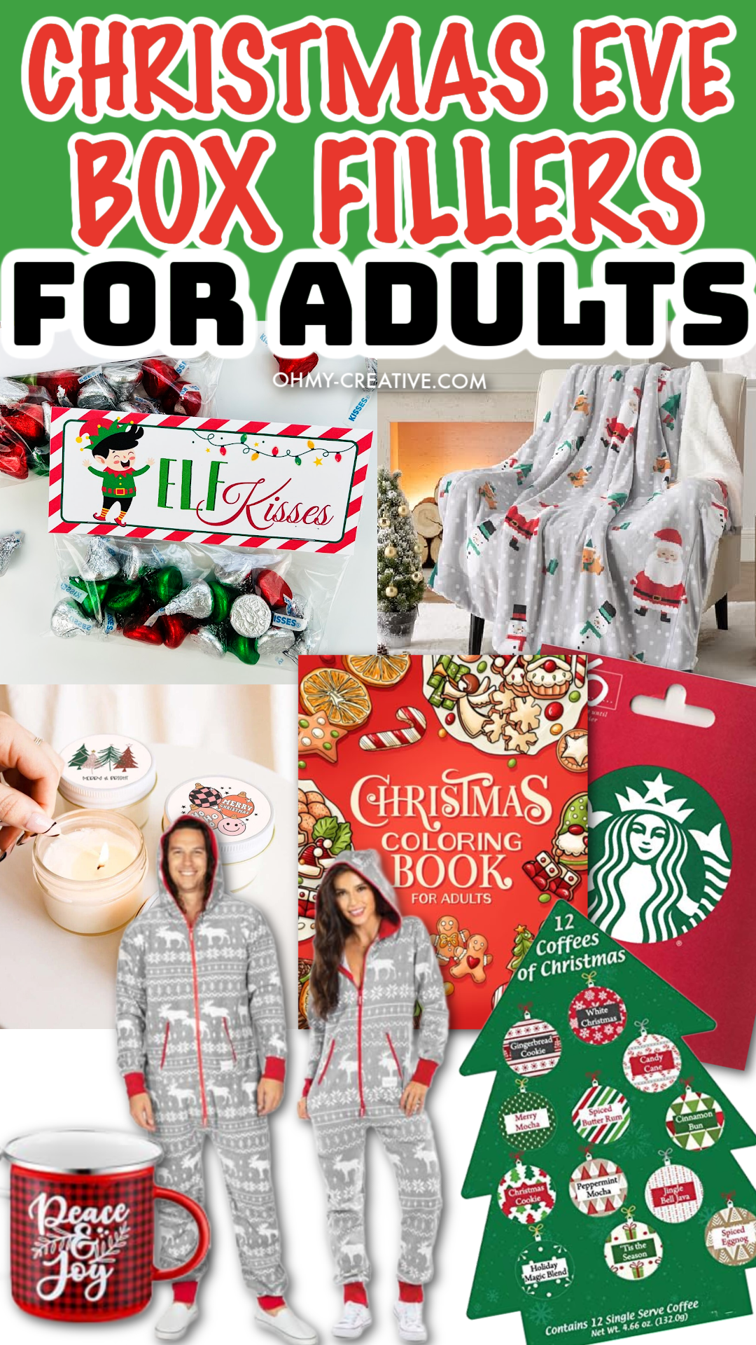 A collage of Christmas Eve Box fillers for adults.