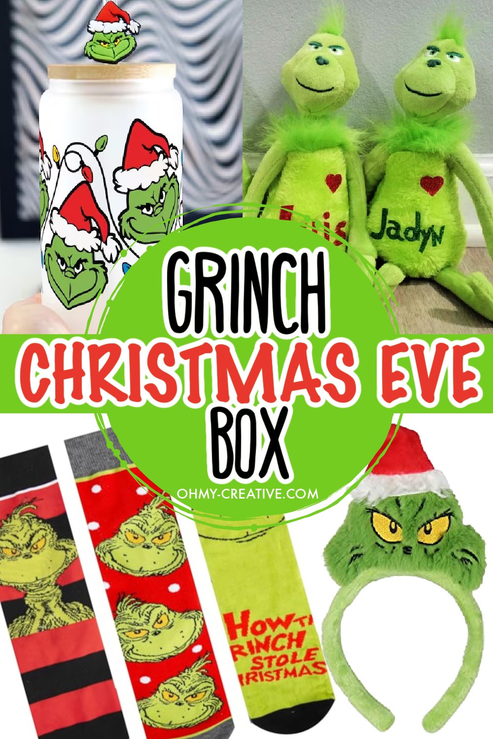A collage of Grinch Christmas Eve Box Ideas including a Grinch cup and Grinch socks.