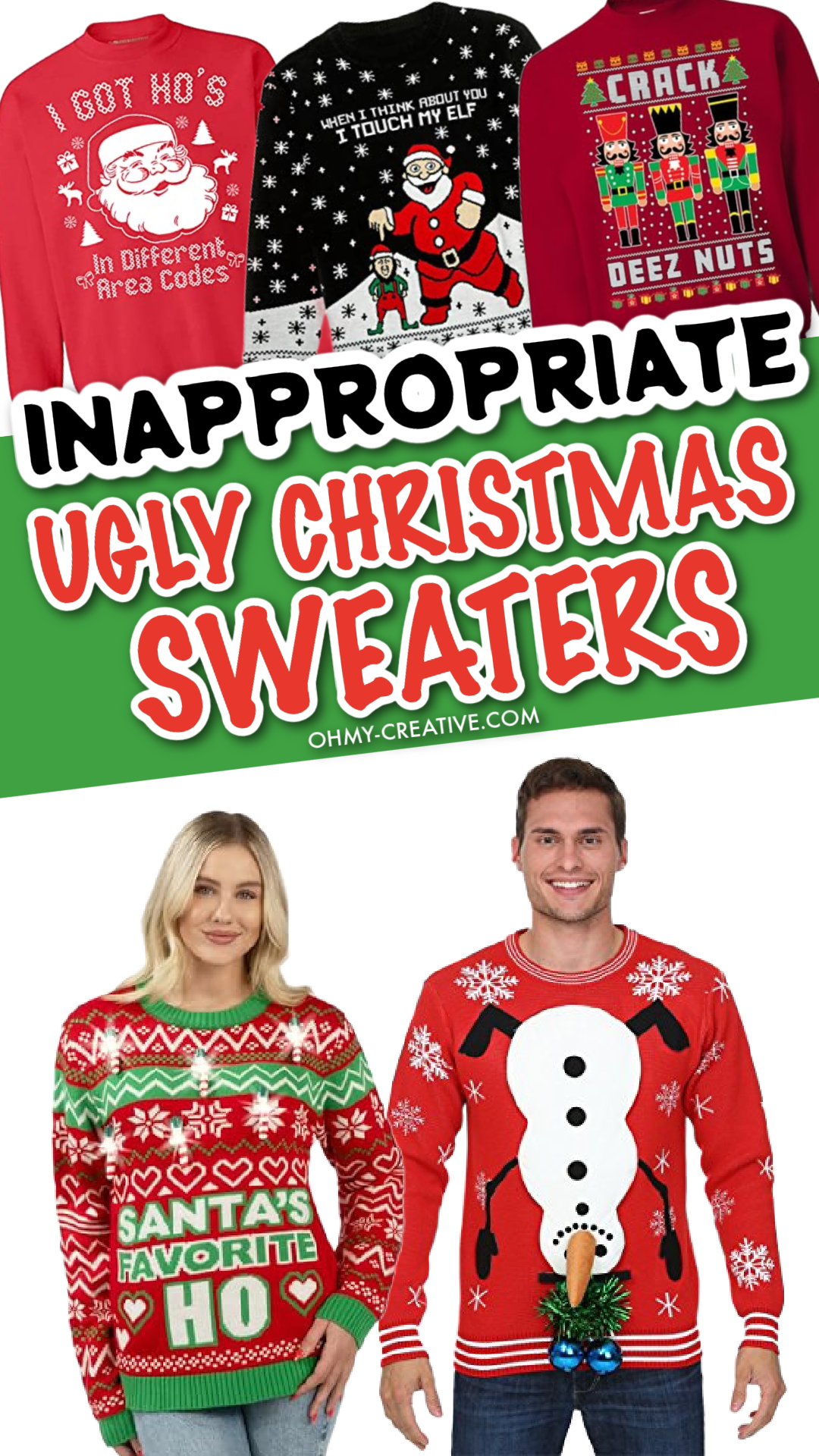 a collage of men's and women's inappropriate Christmas sweaters