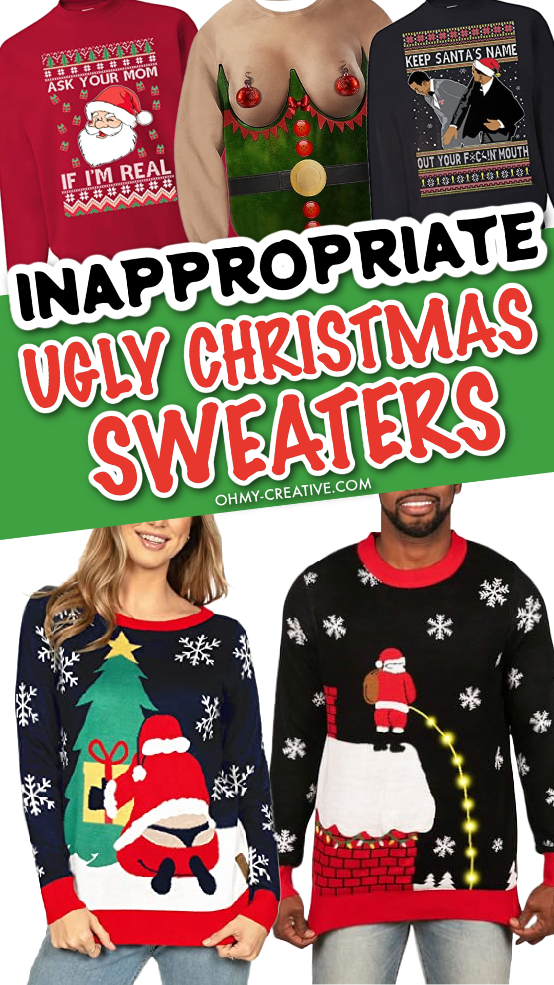 a collage of men's and women's inappropriate Christmas sweaters.