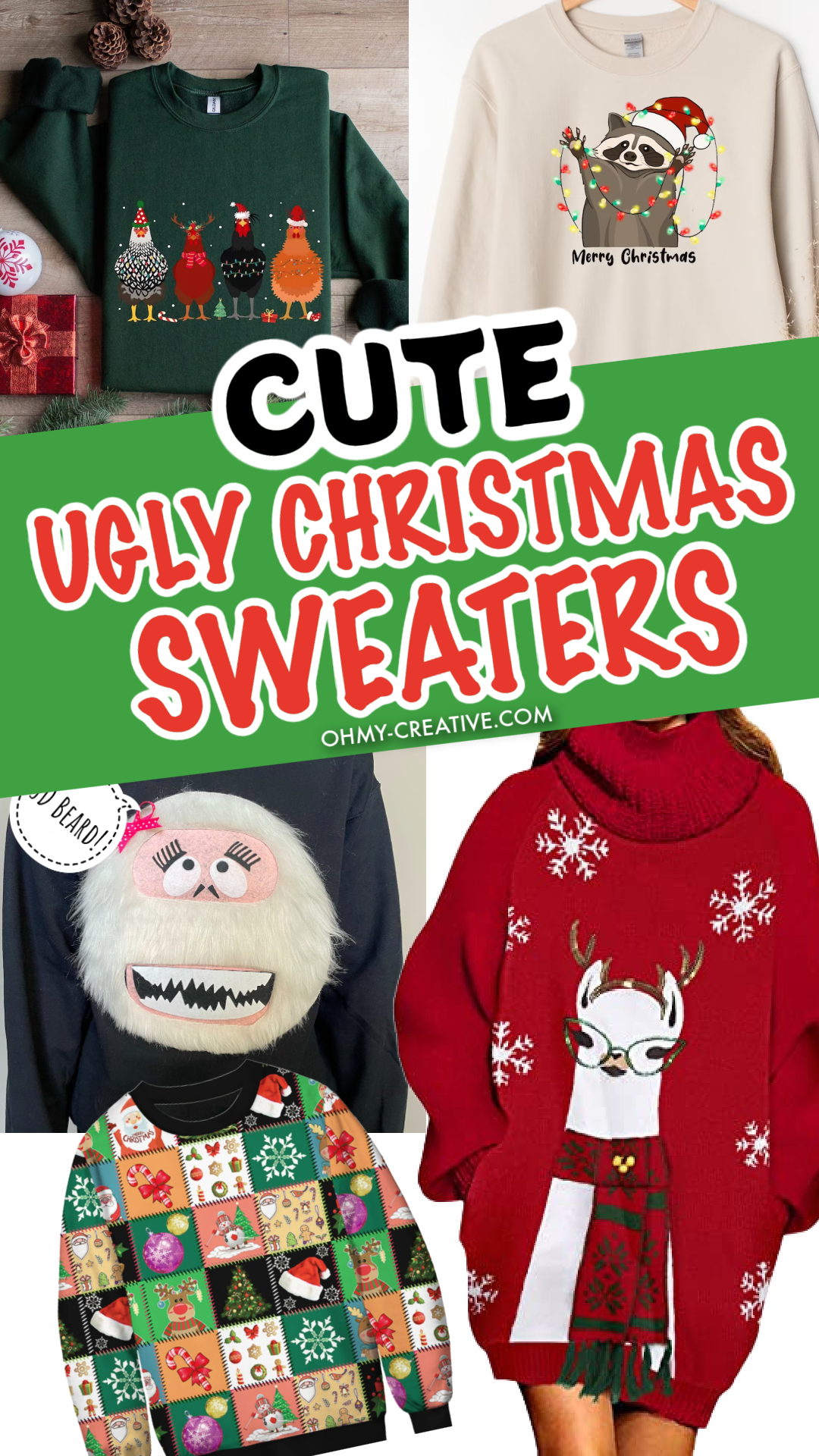 A collage of cute ugly Christmas sweaters for holiday parties or ugly Christmas Sweater parties.