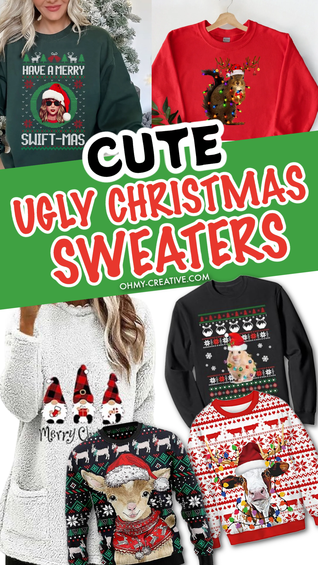A collage of cute ugly Christmas sweaters for holiday parties or ugly Christmas Sweater parties.