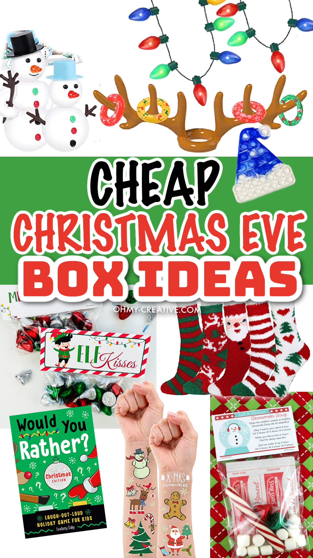 A collage of cheap Christmas Eve Boxes ideas for everyone on your gift list.