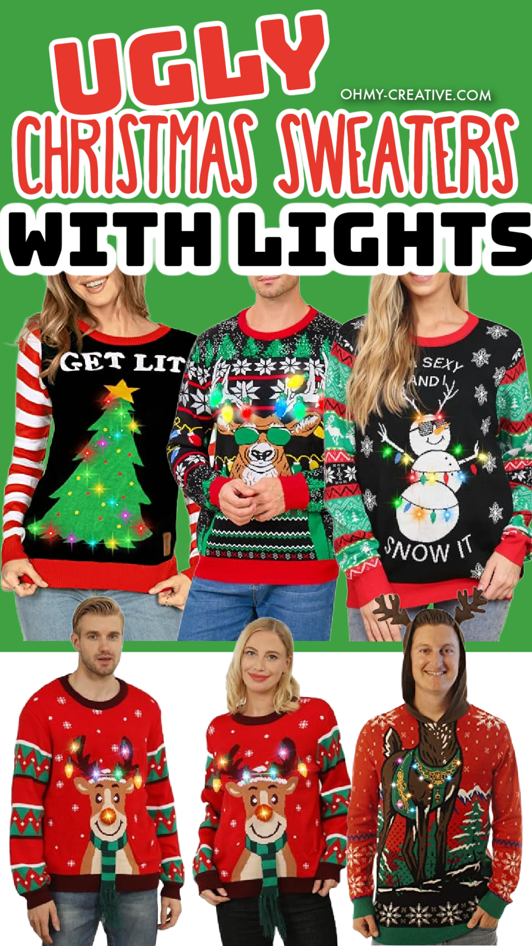 A collage of Ugly Christmas sweaters for men and women with lights that light up!