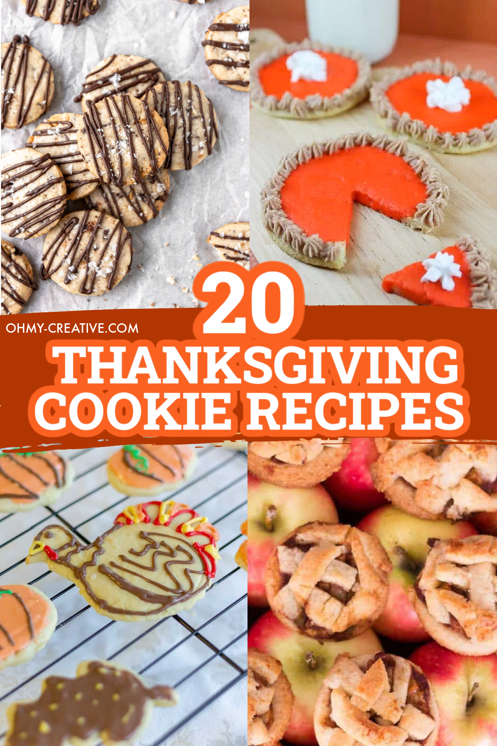 A collage of Thanksgiving cookie recipe including pumpkin spice to turkey cut out cookies.