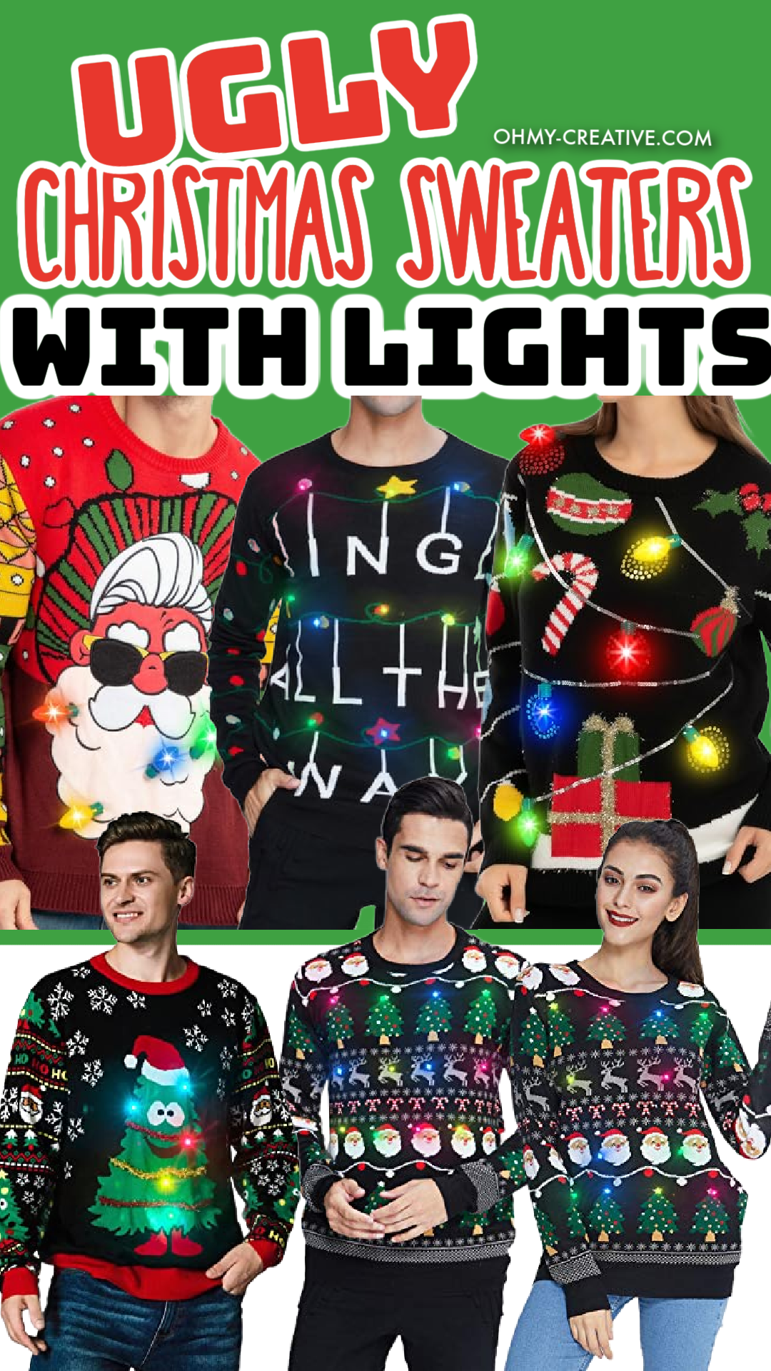 A collage of Ugly Christmas sweaters with lights that light up!