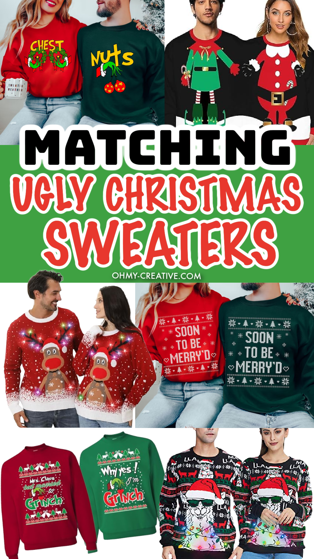 A collage of matching ugly Christmas Sweaters for couples, families or friends. Lots of tacky, funny Christmas sweaters.