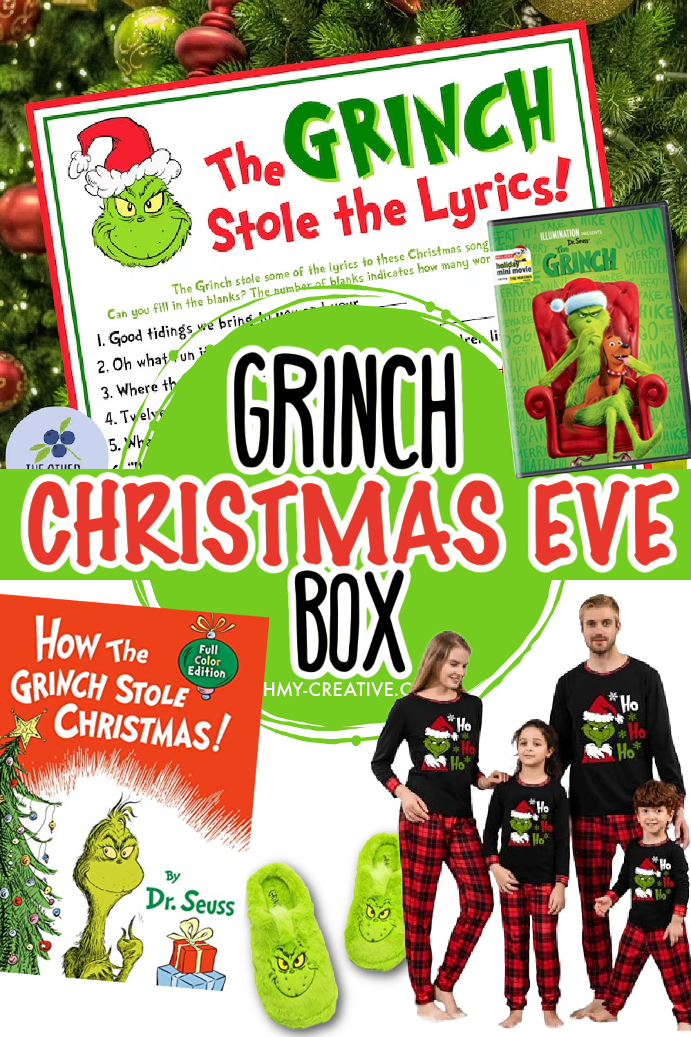 A collage of Grinch Christmas Eve Box Ideas including Grinch Christmas pajamas, Grinch games and The Grinch DVD.