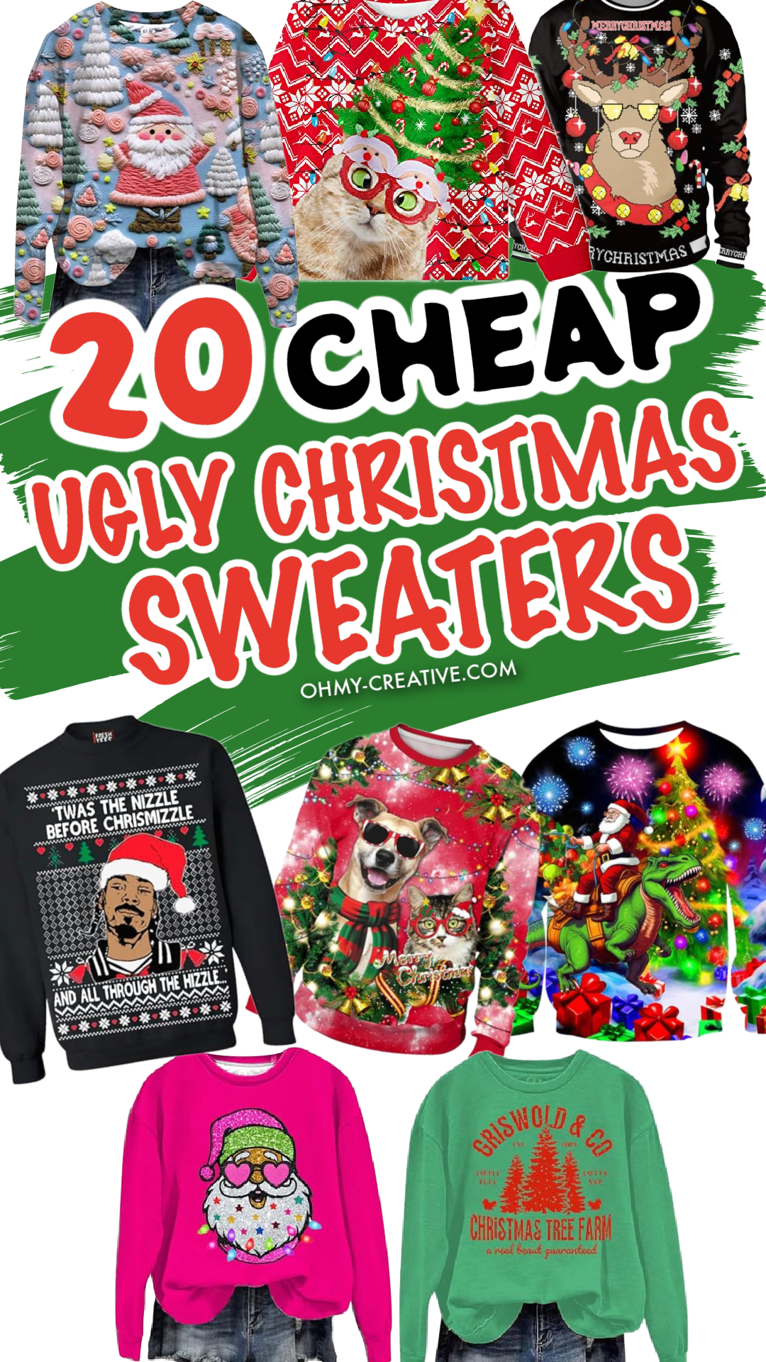 a collage of cheap ugly Christmas sweaters that can bought on Amazon.