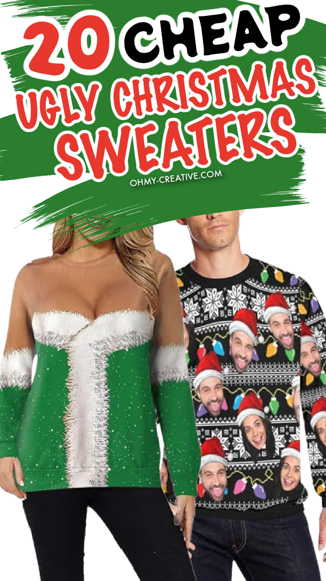 a couple dressed in cheap ugly Christmas sweaters that can bought on Amazon.