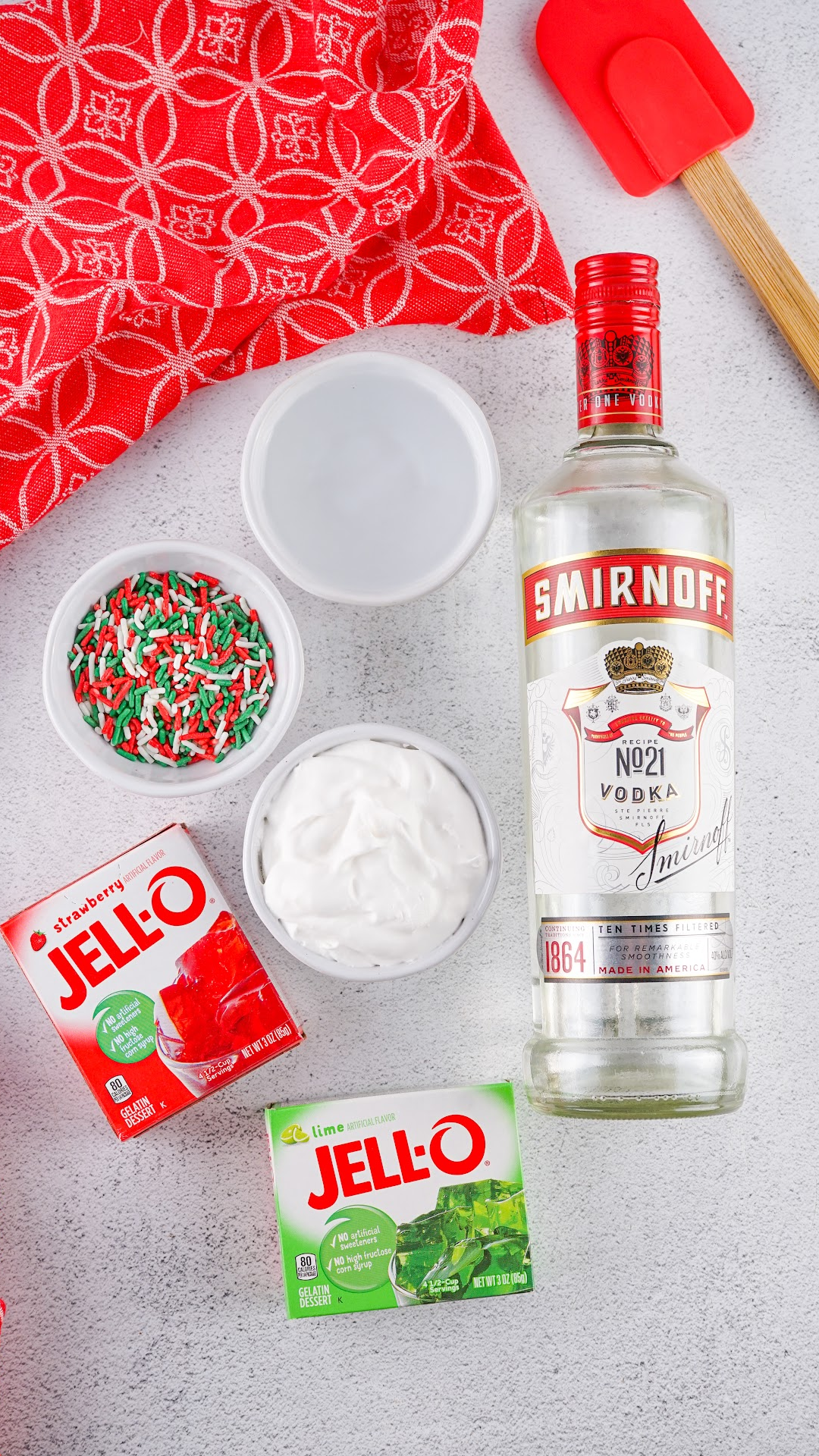Christmas jello shot ingredients shown on a white background.