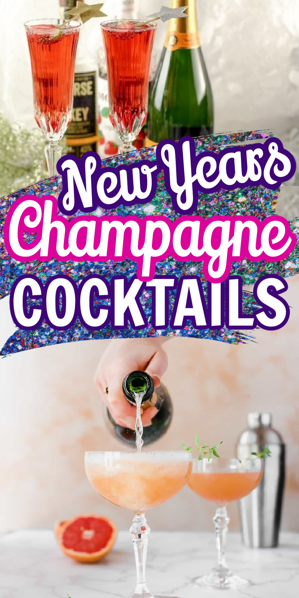 Pin image of pouring bubbly champagne into a glass.