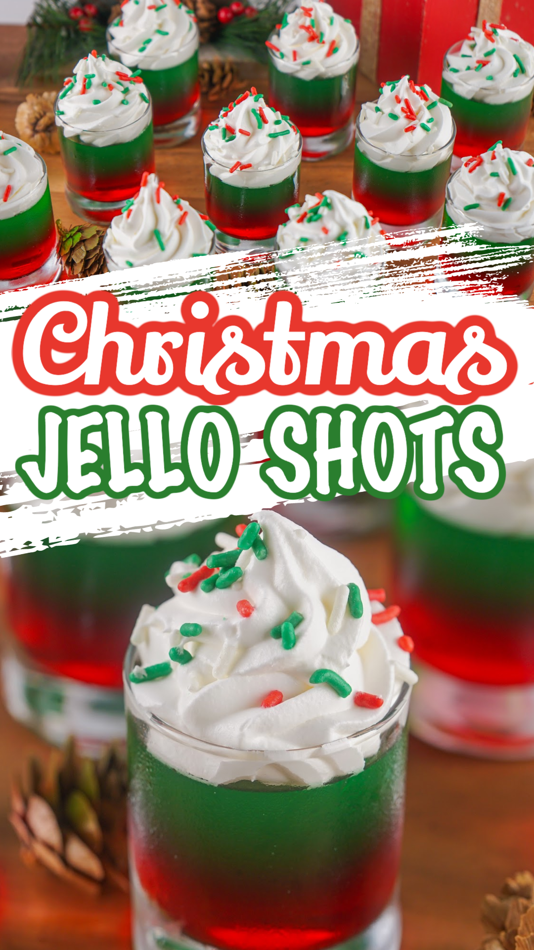 red and green layered Christmas jello shots topped with wiped cream and Christmas sprinkles.